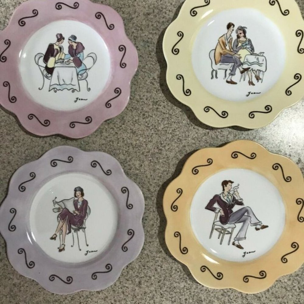 PartyLite Signed Jean Sidewalk Cafe Motif 4 Dessert Plates